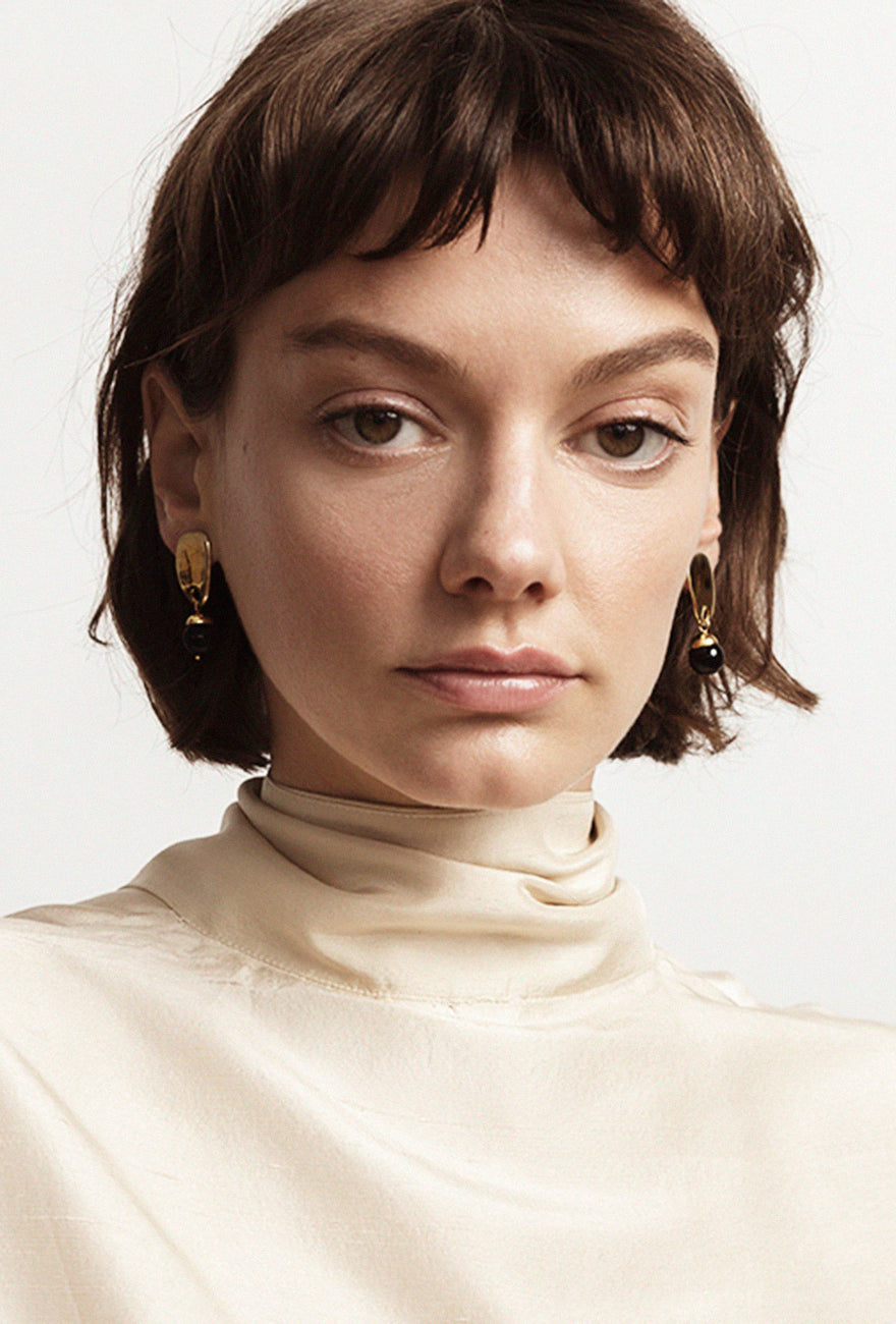 Cecilia Black Onyx Gold Earrings | Drop Earrings - Sterling Gold Earrings Online - Maslo Jewelry