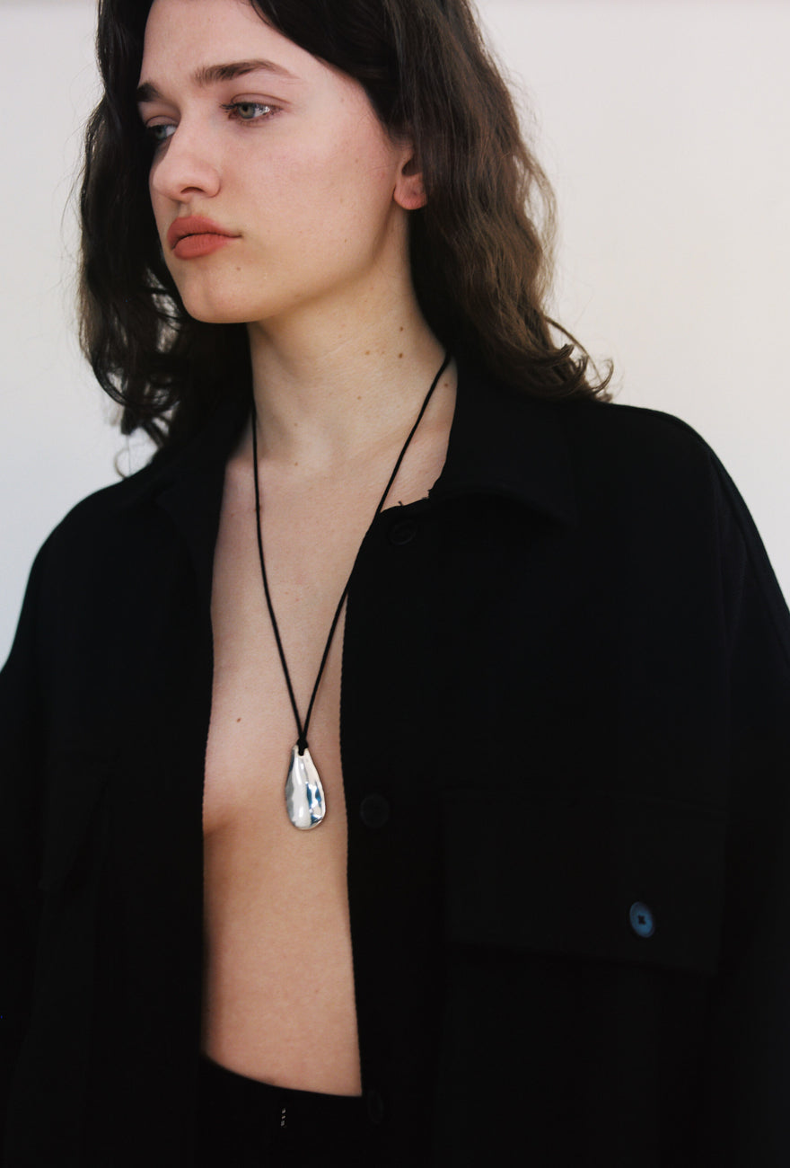 Large Pebble Pendant Necklace Sterling Silver with Cord